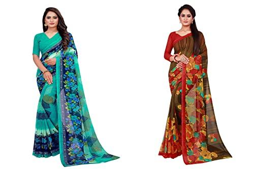 saadhvi womens georgette printed combo saree with unstithed blouse (turquoise & brown) (geo_08_geo_51)