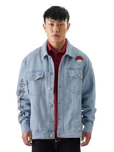 the souled store official naruto: sasuke men and boys button front blue graphic print long sleeve relaxed fit denim jackets denim jackets winter coats outerwear denim thick lightweight warm stylish