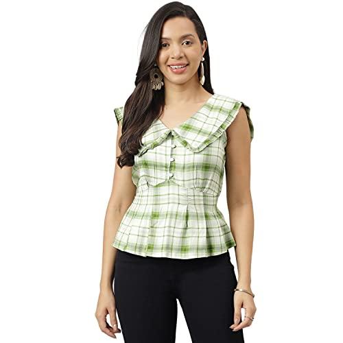 latin quarters women green check pattern v-neck with cap sleeve peplum top