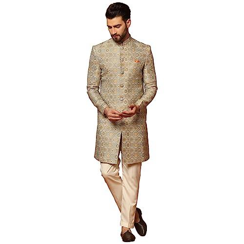 kisah men's multicolor sherwani trousers set, cotton full sleaves, knee length, straight, regular fit, mandarin collar ethnic wear