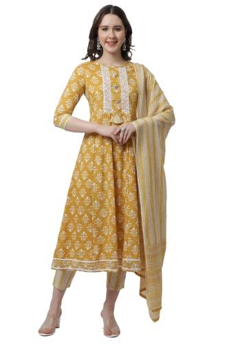 rajnandini women's pure cambric cotton jaipuri printed & embroidered kurta set with dupatta (joplse275-xl_mustard_xl)