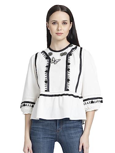 shaye white casual 3/4th sleeves round neck embroidered top for women