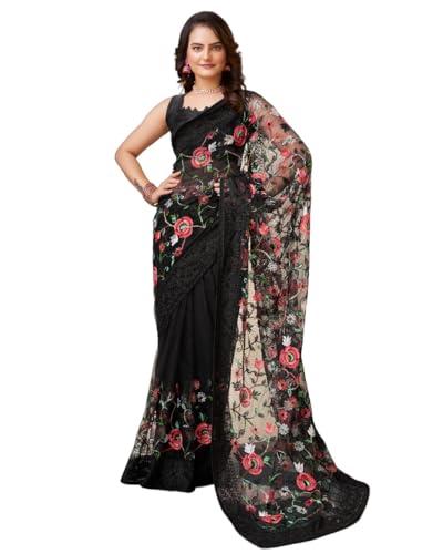 vairagee women soft net embroidery floral saree (black)