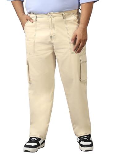 bewakoof men's solid oversized fit cotton blend plus size cargo trousers_ 609850 beige_ 38