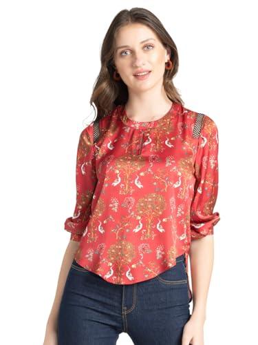 shaye red casual 3/4th sleeves round neck printed satin top for women