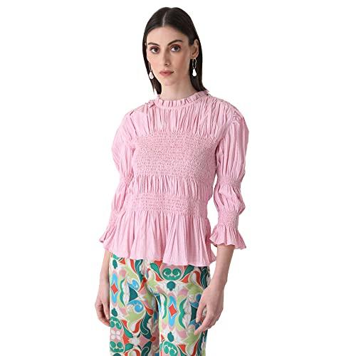 kazo abstract satin round neck womens top (pink, medium)