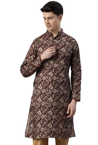 majestic man art silk ethnic motifs floral printed long kurta (maroon, medium)