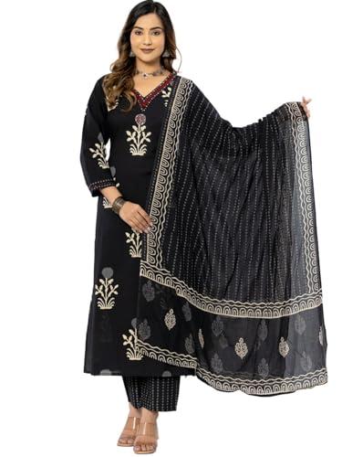 rytras women's cotton printed straight kurta with pant and dupatta set(ryt560,black,l)