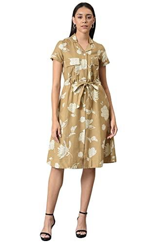 w for woman women's cotton blend beige floral printed lapel collar dress calf length 22auw18386-810300