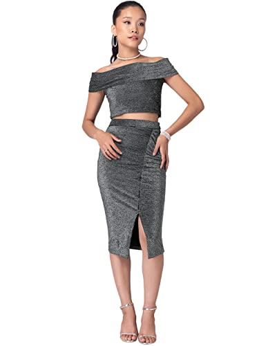 faballey women's poly lycra black shimmer off shoulder crop top and ruched skirt co-ord set midi (fco00415 m)