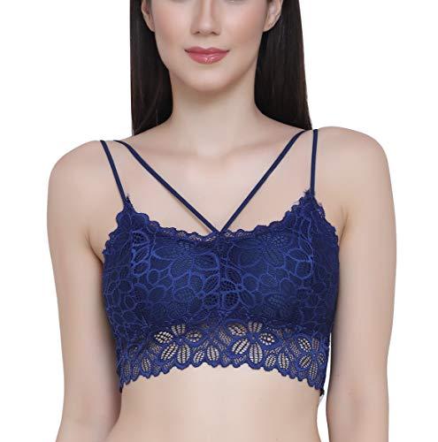 glamoras women's lightly padded solid floral lace camisole with light padding seamless breathable stretchable spaghetti straps bralette bras removable pads - free size, blue