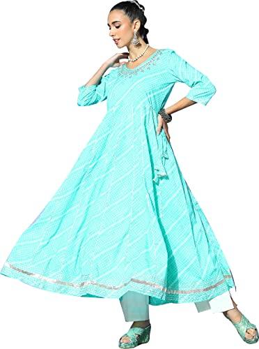 ishin women's sea green embroidered anarkali kurta