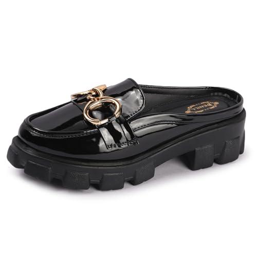 denill women's fancy chain design slip-on mules for daily casual wear & formal wear for women & girls (black) uk-4