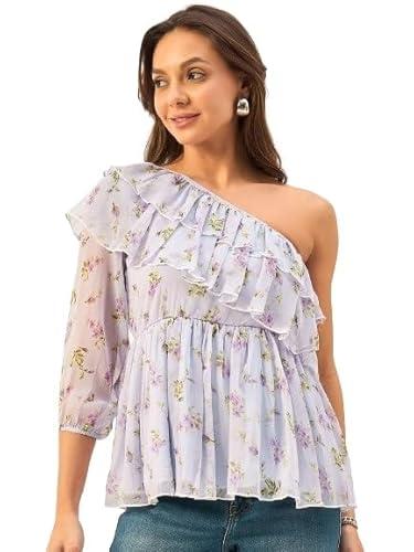 drape and dazzle women's chiffon 100% polyester top with one shoulder neck fancy top for girls printed. dd-124-purple-l