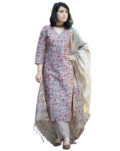 anni designer women's cotton blend printed straight kurta with pant & dupatta (moringa pink_s_pink_small)