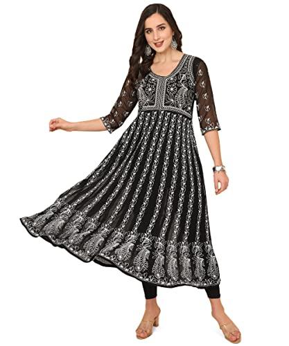 ethnicjunction women's georgette chikankari embroidered anarkali kurta (b19-apsara-black_m_black)