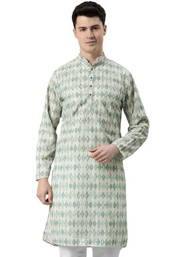 majestic man men cotton blend ethnic motifs embroidered chikankari regular kurta (green, small)