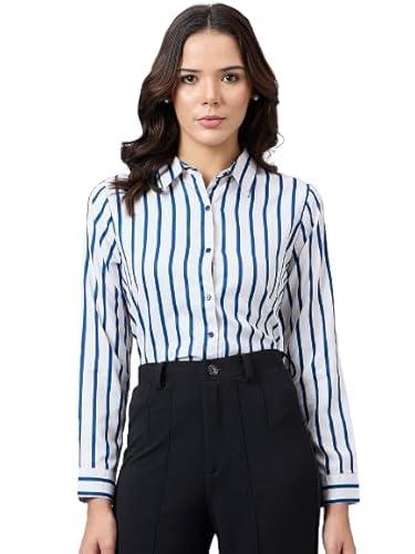 style quotient women navy and off white stripe printed polyester regular fit formal shirt