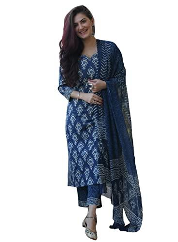 amayra women's rayon printed straight kurti with palazzos and dupatta set(blue,xl)