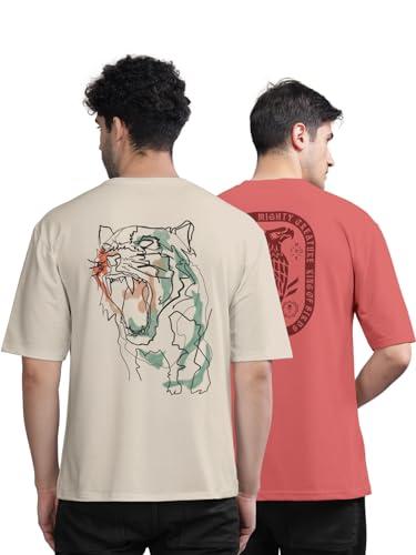 bullmer trendy front and back printed oversized round neck t-shirt for men - pack of 2 chalk/red medium