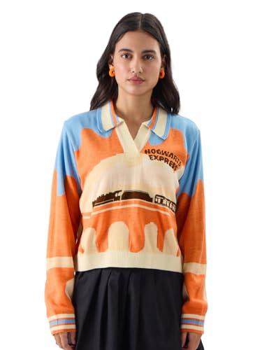 the souled store official harry potter: hogwarts express women and girls full sleeve collared neck oversized fit cropped sweaters multicolour womens cropped knit sweaters for girls pullover cable