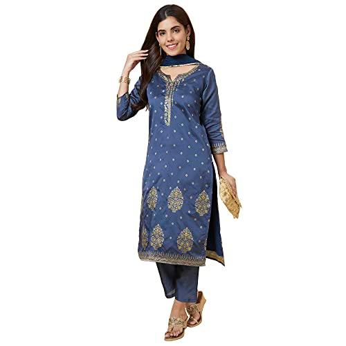 globus women blue straight brocade kurta set with neck embroidery, chiffon dupatta and trouser-3636212002