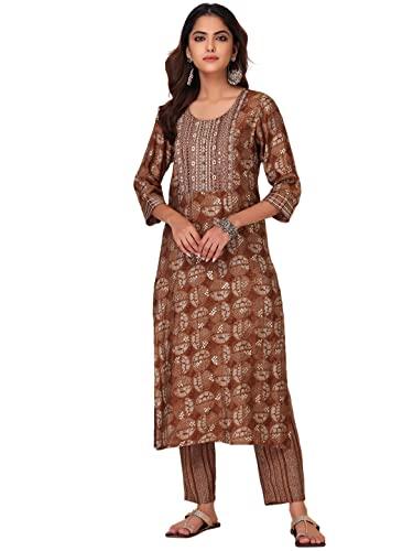 indya women's viscose regular kurta set (ico00400_brown