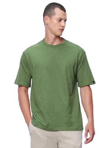 bewakoof air 1.0 men's solid oversized fit half sleeve round neck cotton t-shirt_ 580016 green xl