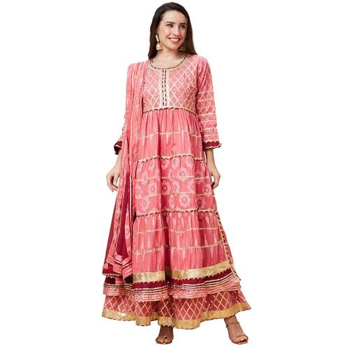 globus women pink ethnic motifs print 3-piece festive anarkali kurta set with sharara and dupatta-3639757002