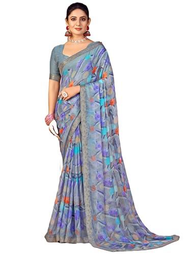 pandadi saree women's chiffon printed & banarasi border saree with unstitched blouse piece