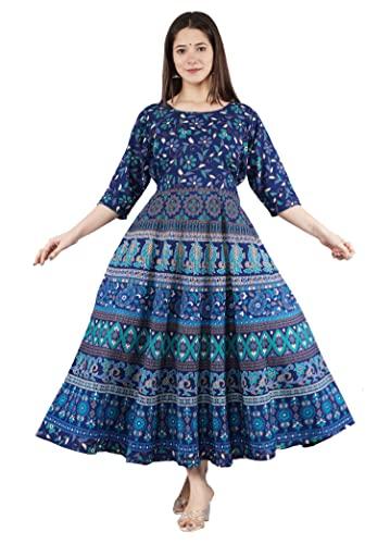 drashti textiles women's jaipuri rajasthani traditional printed casual long cotton maxi frock dress navy blue