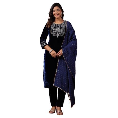 ishin women's velvet ethnic motifs navy blue kurta set