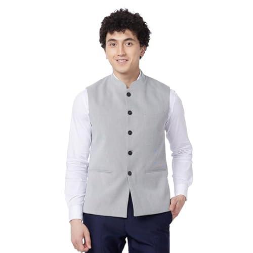 raymond men's contemporary fit structure pattern polyester blend sleeveless light grey ceremonial waist coat