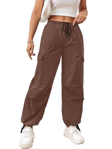 aahwan solid brown wide leg baggy drawstring waist flap pocket side parachute cargo pants for women's & girls' (246_brown-30)