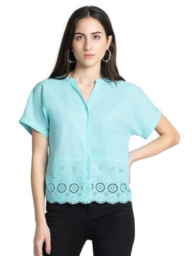 shaye band collar blue schiffli floral patterned short sleeves casual tops for women