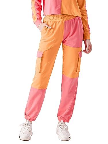 the souled store women solids: orange, pink (colourblock) easy joggers women joggers trousers bottoms running gym activewear casual lounge training track jogging hiking fashionable outdoor comfy