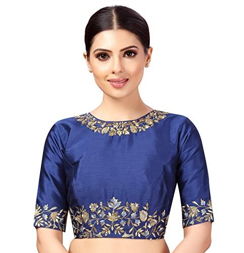 studio shringaar women's readymade art silk embroidered saree blouse with elbow length sleeves (navy blue, 42)