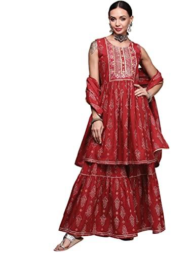 anubhutee women's cotton rust red abstract printed a-line kurta suit set with sharara and dupatta