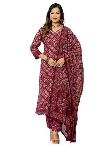 amayra women's cotton printed straight kurta with pant and dupatta set(tck559,maroon,xl)