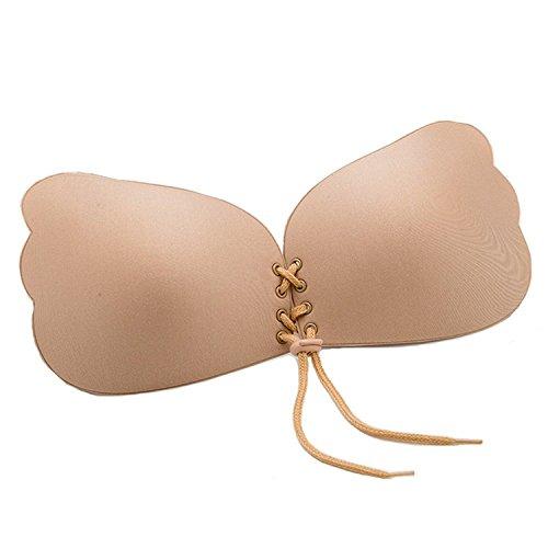 glamoras women nylon lightly padded non-wired reusable backless strapless push up bra sticky self adhesive sticky solid invisible stick-on bras (d - cup, beige)