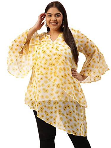 therebelinme plus size women's yellow & off white floral print longline asymmetric georgette top(xxl)