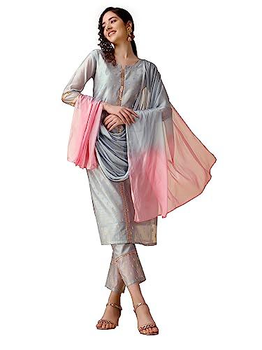 ethnicjunction women's chanderi silk jacquard straight kurta pant & dupatta set (grey)