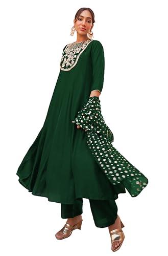 janasya women's dark green chanderi embellished kurta with palazzo and dupatta(set803-kr-pp-l)