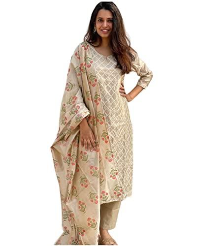 gosriki women's cotton blend embroidered straight kurta with pant & dupatta (mysuru-cream_4xl-gs_cream_xxxx-large)