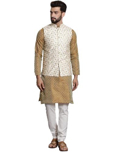 sojanya (since 1958:men's woven design mustard silk blend kurta with churidar & cream embroidered nehru jacket:size-40