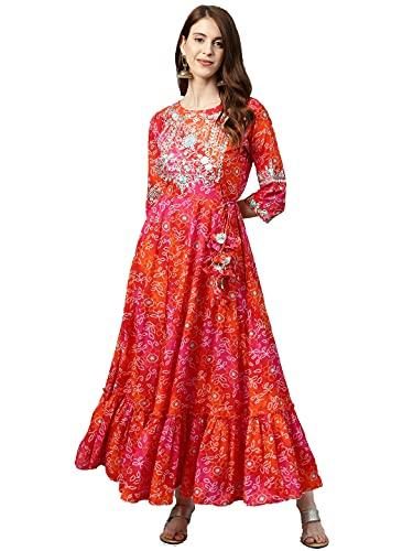 rytras women's cotton printed anarkali embroidery kurti(red & orange,s)