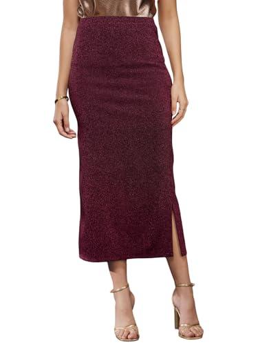 fablestreet metallic shimmer lurex skirt - maroon (knsk093wine-34)