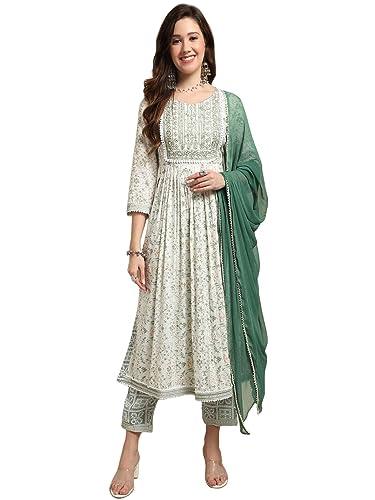 amayra women's nayra cut embroidered kurta with pant and dupatta set(tck485,m)