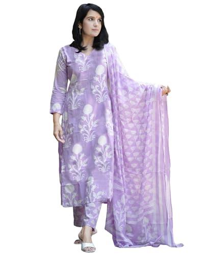 anni designer women's cotton blend printed straight kurta with pant & dupatta (zuri purple_xl_purple_x-large)