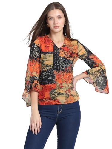 shaye orange casual 3/4th sleeves v-neck floral top for women